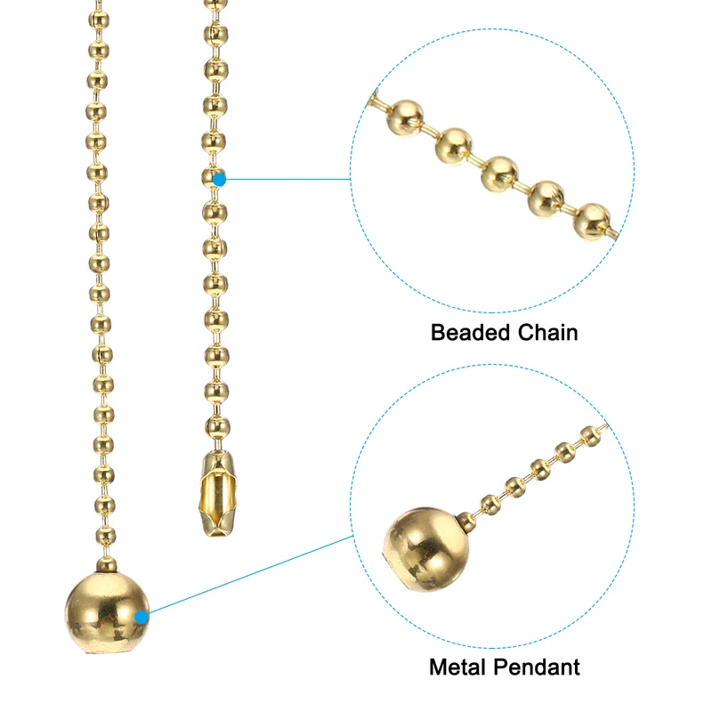 2 Pcs 1M Ceiling Fan Light Beaded Pull Chain with Ball Pendant Gold Tone