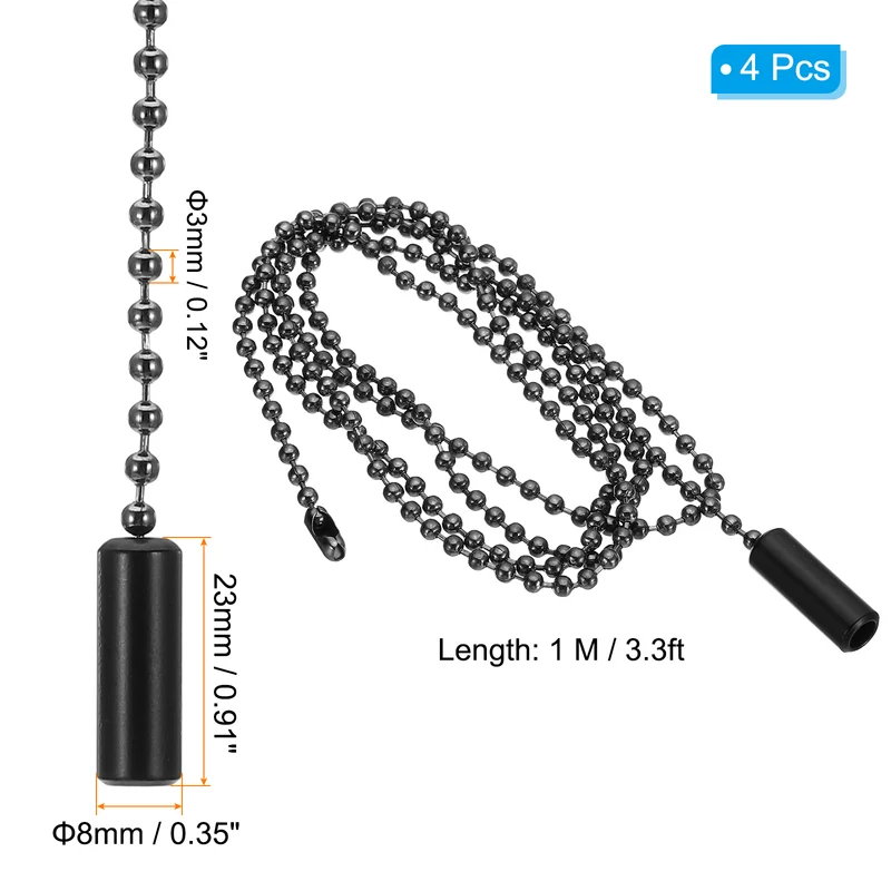 4Pcs 1M Ceiling Fan Light Beaded Pull Chain with Cylinder Pendant Black
