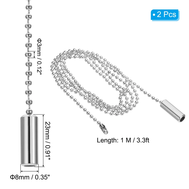 2Pcs 1M Ceiling Fan Light Beaded Pull Chain with Cylinder Pendant Silver