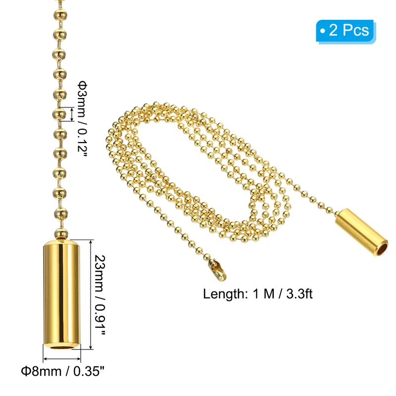 2 Pcs 1M Ceiling Fan Light Beaded Pull Chain with Cylinder Pendant Gold