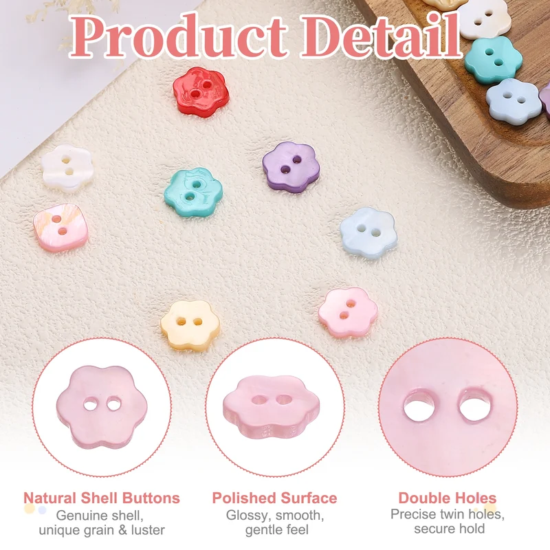 30 Pcs Flower Shaped Mother of Pearl Buttons 2 Holes 11mm for Sewing Pink