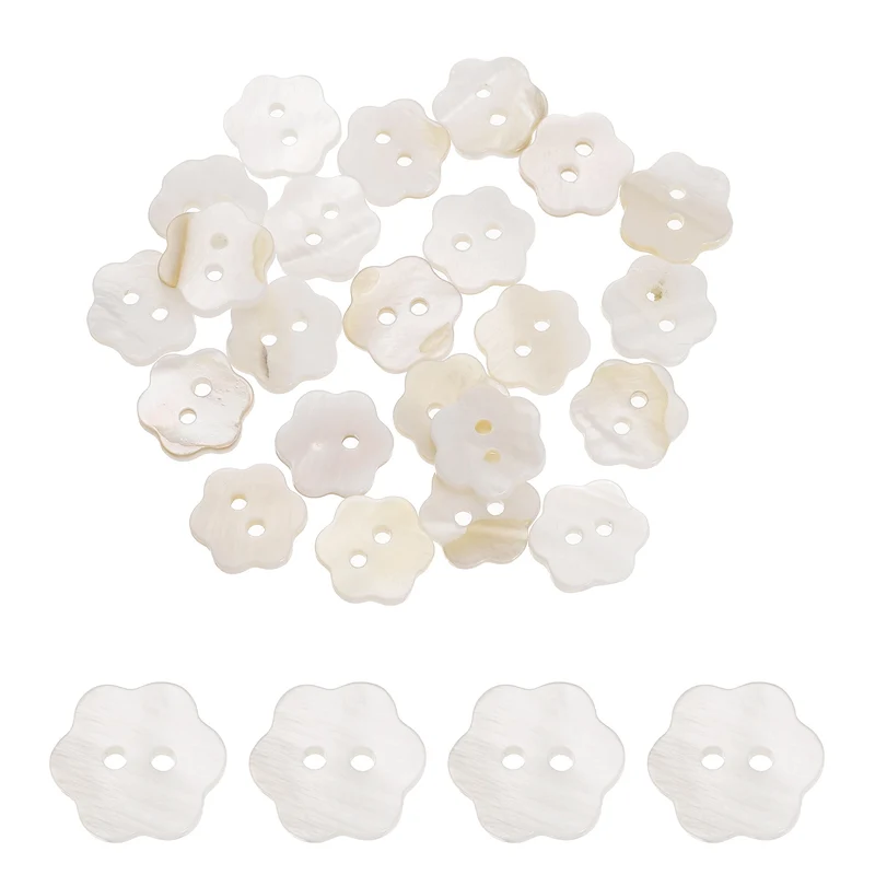 30 Pcs Flower Shaped Mother of Pearl Buttons 2 Holes 11mm for Sewing White