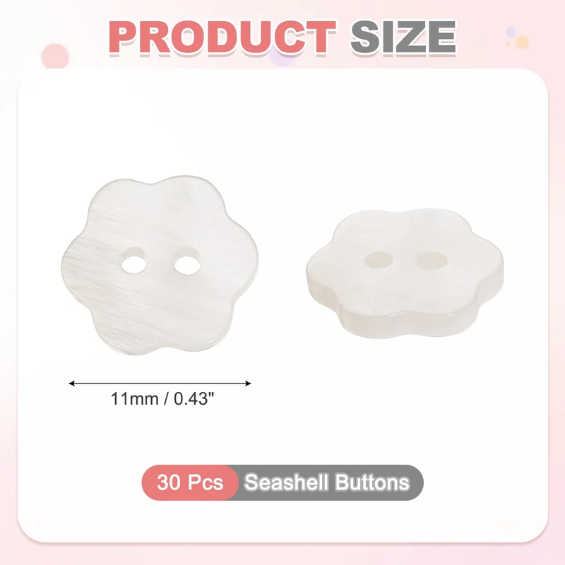 30 Pcs Flower Shaped Mother of Pearl Buttons 2 Holes 11mm for Sewing White