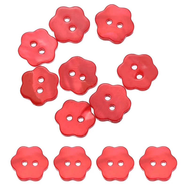 10 Pcs Flower Shaped Mother of Pearl Buttons 2 Holes 11mm for Sewing Red
