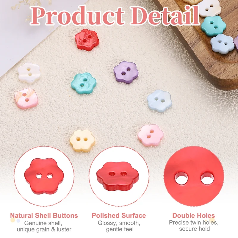 10 Pcs Flower Shaped Mother of Pearl Buttons 2 Holes 11mm for Sewing Red