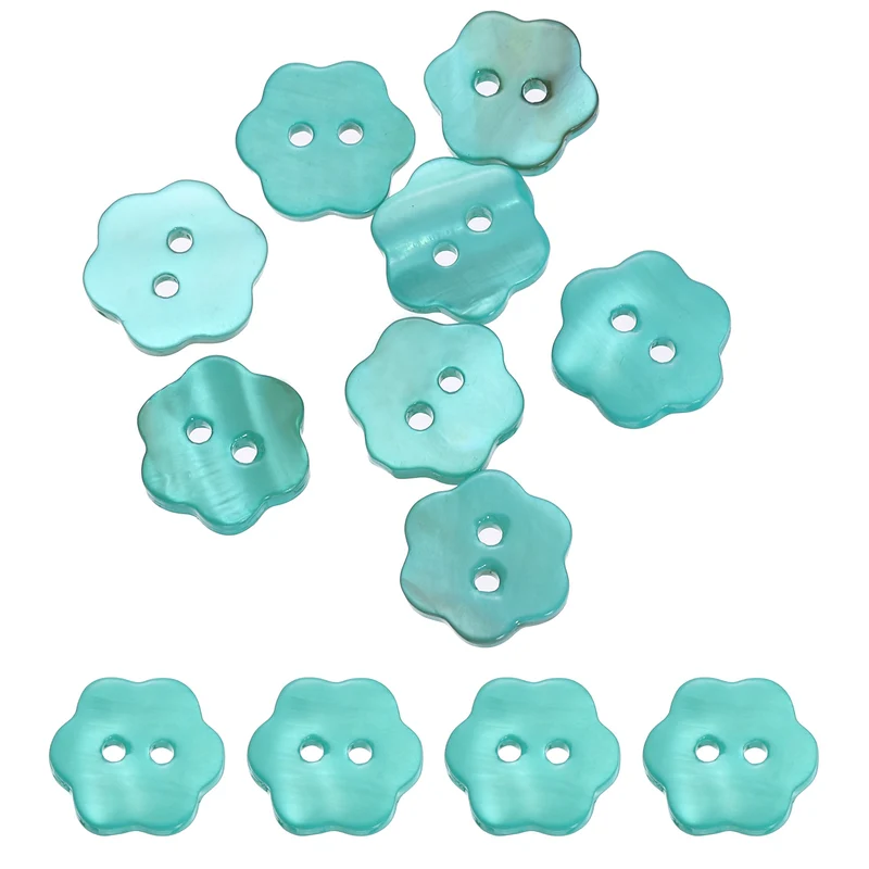 10 Pcs Flower Shaped Mother of Pearl Buttons 2 Holes 11mm for Sewing Green