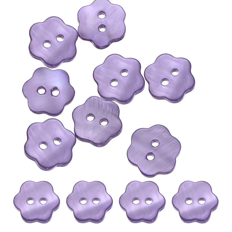 10 Pcs Flower Shaped Mother of Pearl Buttons 2 Holes 11mm for Sewing Purple
