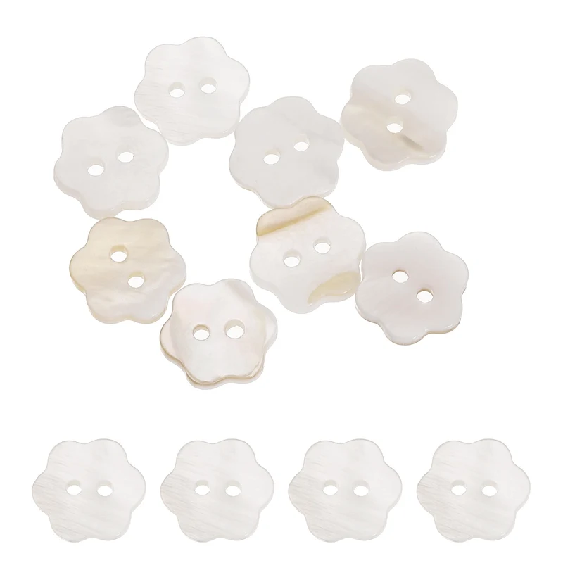 10 Pcs Flower Shaped Mother of Pearl Buttons 2 Holes 11mm for Sewing White