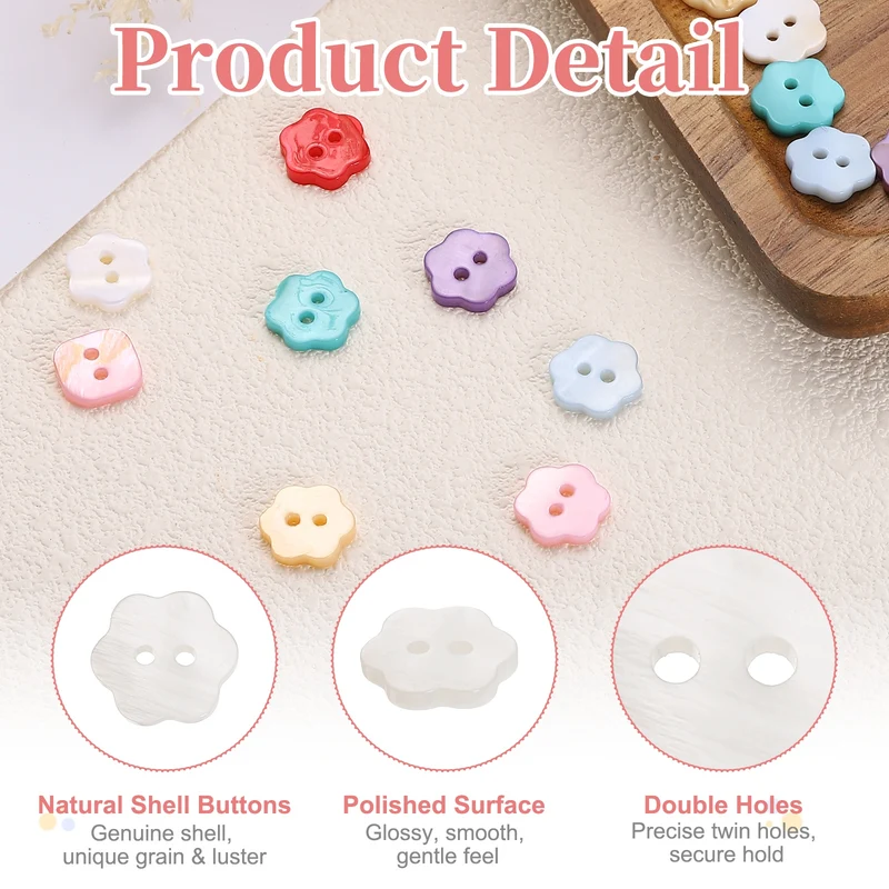 10 Pcs Flower Shaped Mother of Pearl Buttons 2 Holes 11mm for Sewing White