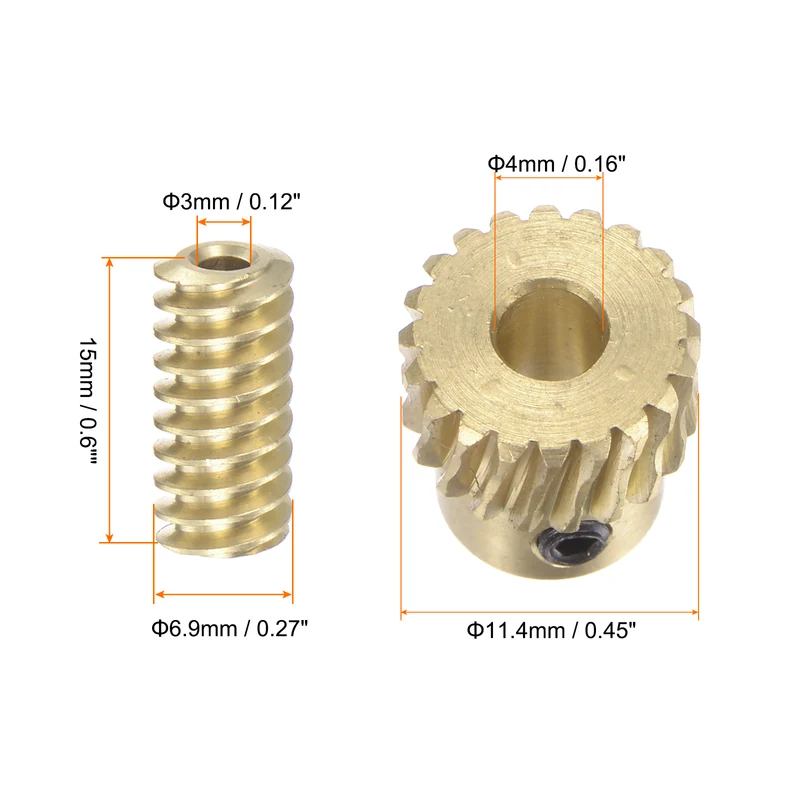 Brass Worm Gear Set Wheel 0.5 Modulus 20:1 3mm Hole Drive Gear Box Shaft