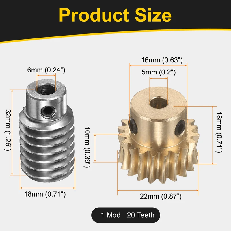 Worm Gear Set 1 Module 20:1 Reduction Rate(Gear-5mm Bore, Rod 6mm Bore)