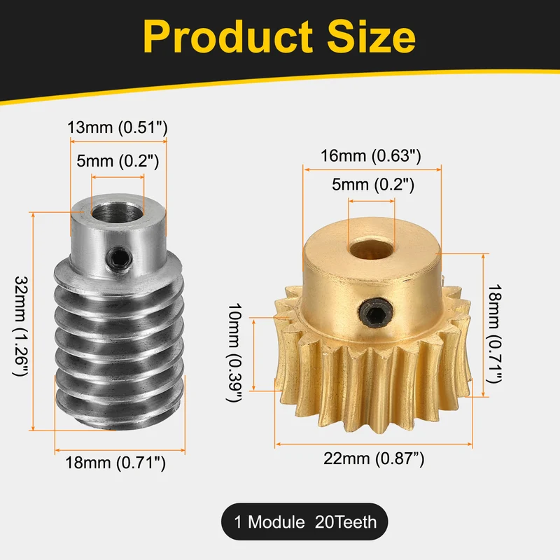 Worm Gear Set 1 Module 20:1 Reduction Rate(Gear-5mm Bore, Rod 5mm Bore)