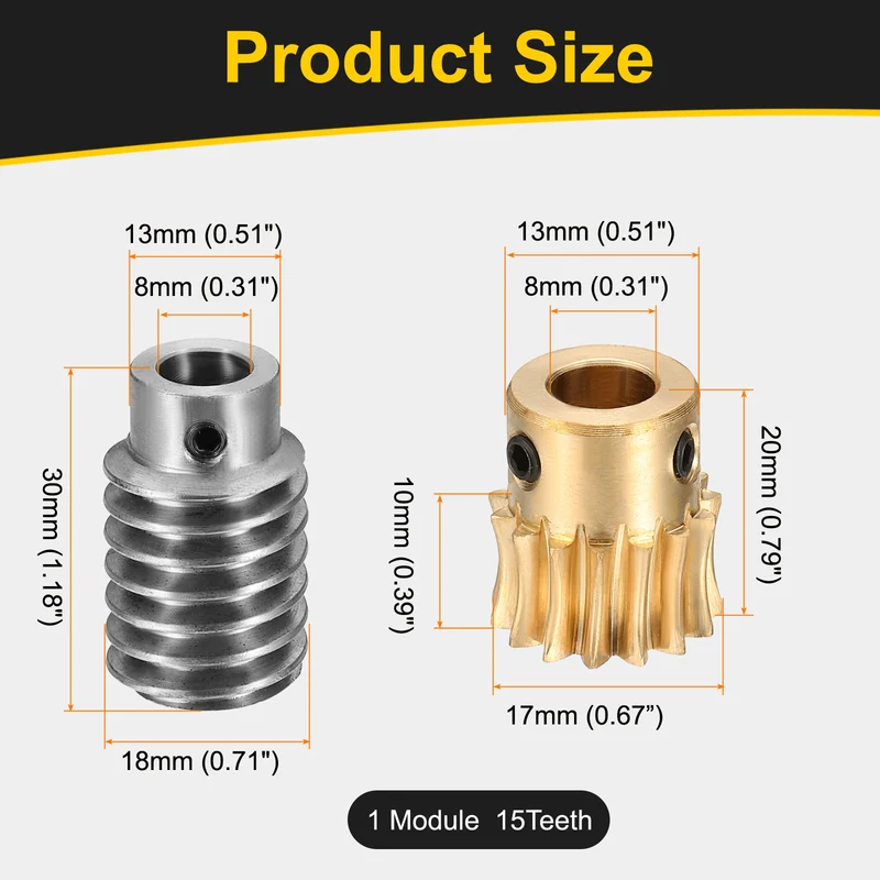 Worm Gear Set 1 Module 15:1 Reduction Rate Gear-8mm Bore Rod 8mm Bore