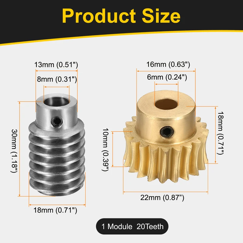 Worm Gear Set 1 Module 20:1 Reduction Rate(Gear-6mm Bore, Rod 8mm Bore)