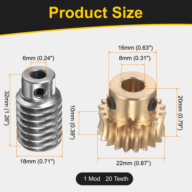 Worm Gear Set 1 Module 20:1 Reduction Rate(Gear-8mm Bore, Rod 6mm Bore)