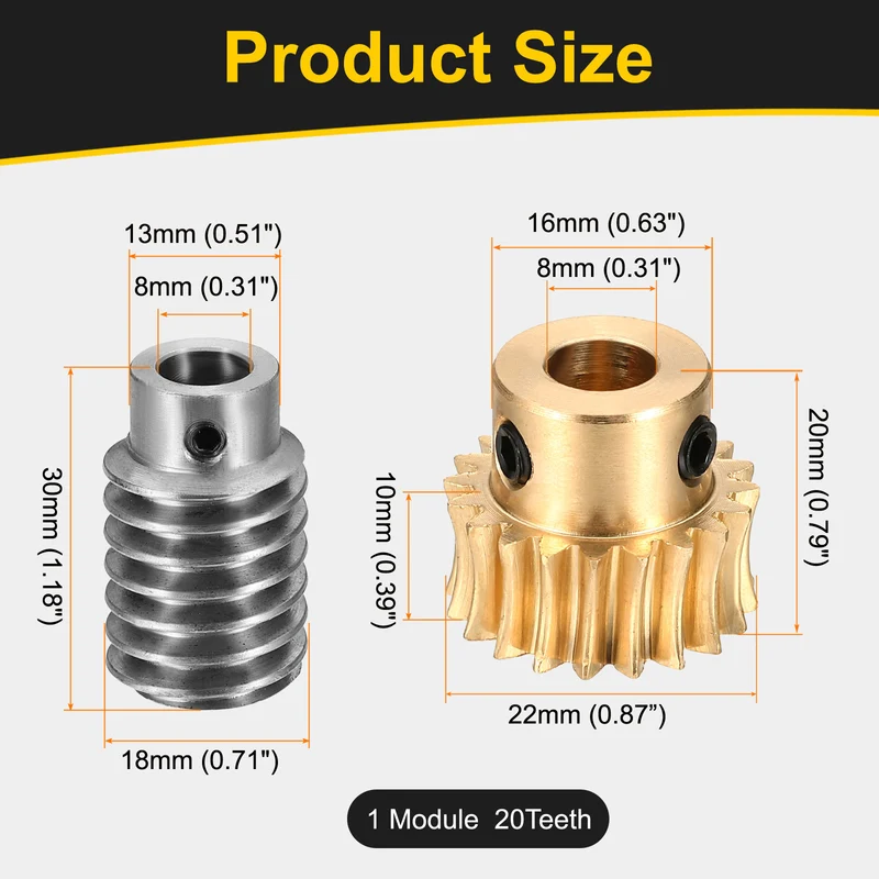 Worm Gear Set 1 Module 20:1 Reduction Rate(Gear-8mm Bore, Rod 8mm Bore)