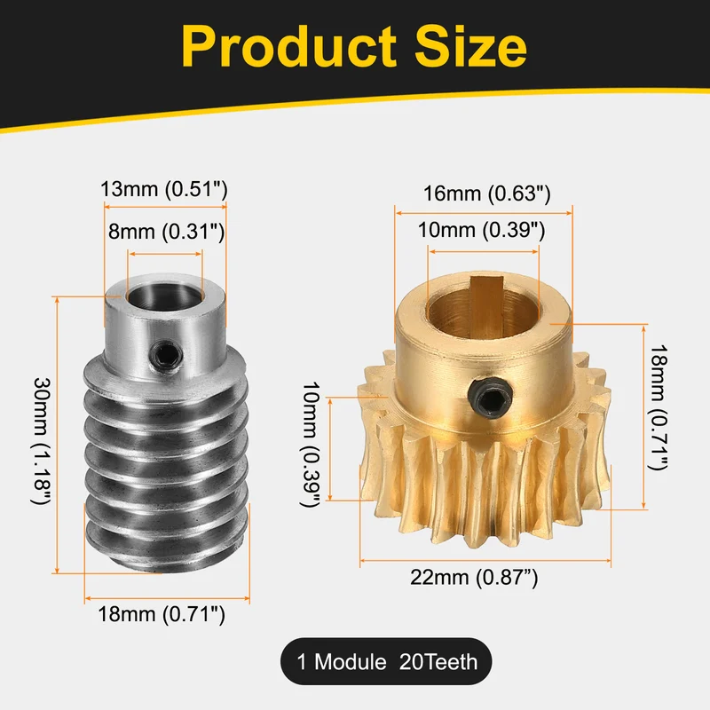 Worm Gear Set, 1 Module 20:1 Reduction Rate(Gear-10mm Bore, Rod 8mm Bore)