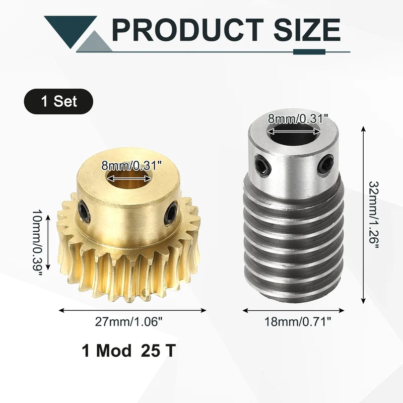 Worm Gear Set 1M 25T, 1:25 304 Stainless Steel Worm, Brass Gear 8mm/8mm Bore
