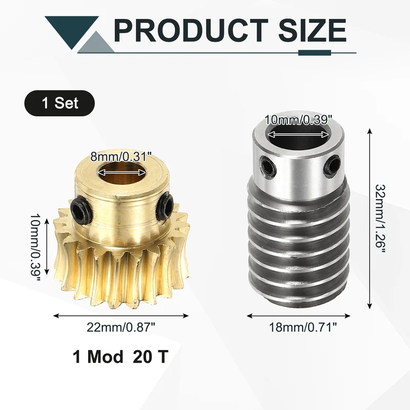 Worm Gear Set 1M 20T, 1:20 304 Stainless Steel Worm, Brass Gear 8mm/10mm Bore