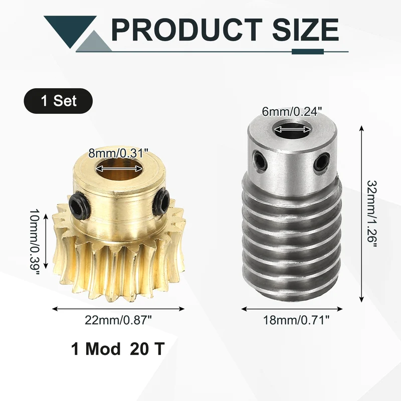 Worm Gear Set 1M 20T, 1:20 304 Stainless Steel Worm, Brass Gear 8mm/6mm Bore