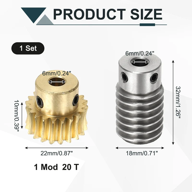 Worm Gear Set 1M 20T, 1:20 304 Stainless Steel Worm, Brass Gear 6mm/6mm Bore