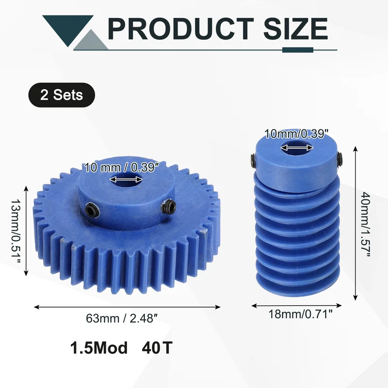 2Set Nylon Worm Gear Set 1.5M 40:1 Reduction Ratio Gear 10mm Bore Rod 10mm Bore