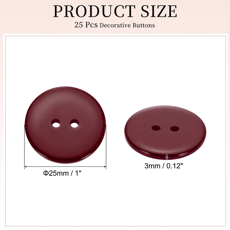 25 Pcs 25mm Resin Sewing Buttons, 2 Hole for Sewing Coats Shirts, Dark Red
