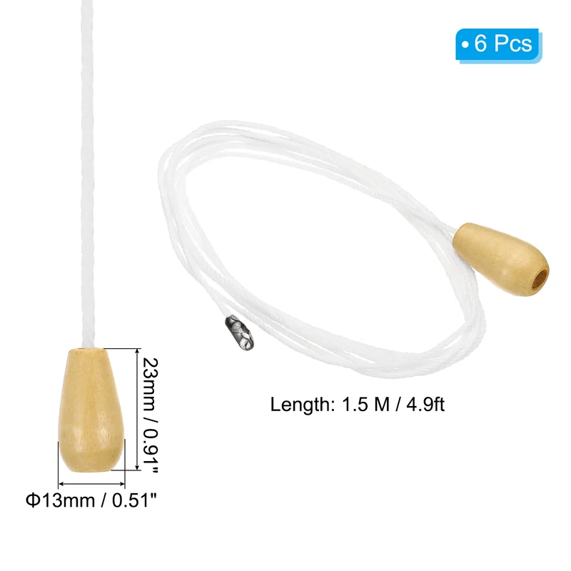 1.5M 4.9ft Ceiling Fan Pull Chain Extender with Wooden Pendant, 6 Pcs White