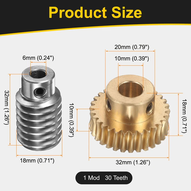 Worm Gear Set 1 Module 30:1 Reduction Rate(Gear-10mm Bore, Rod 6mm Bore)