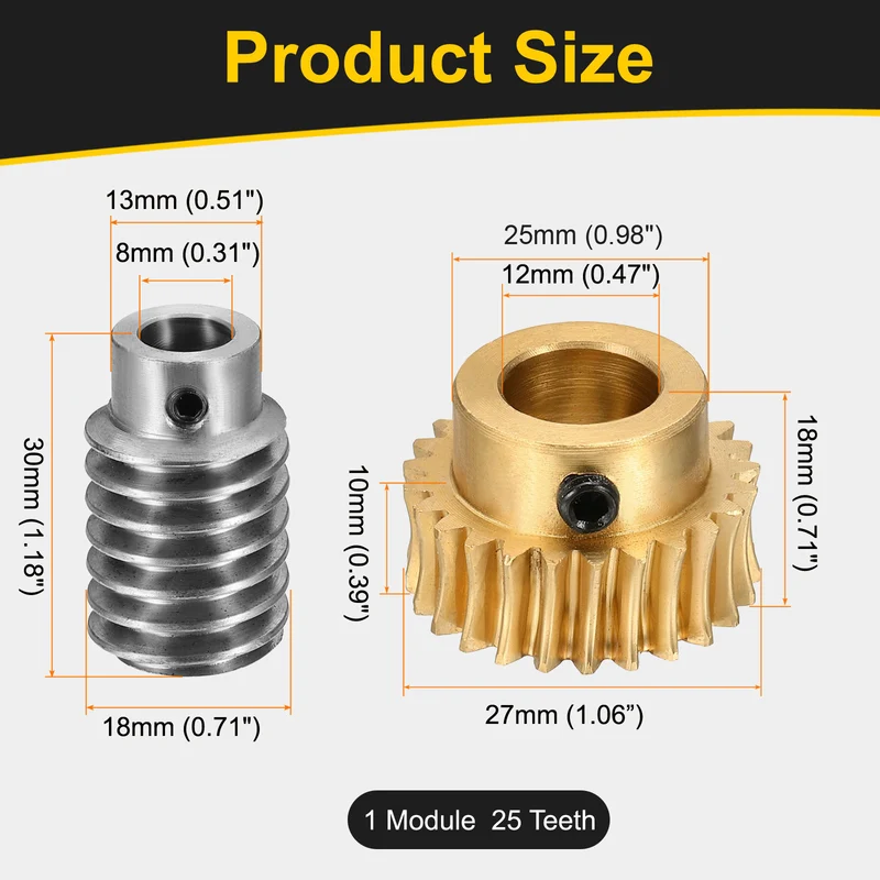 Worm Gear Set 1 Module 25:1 Reduction Rate(Gear-12mm Bore, Rod 8mm Bore)