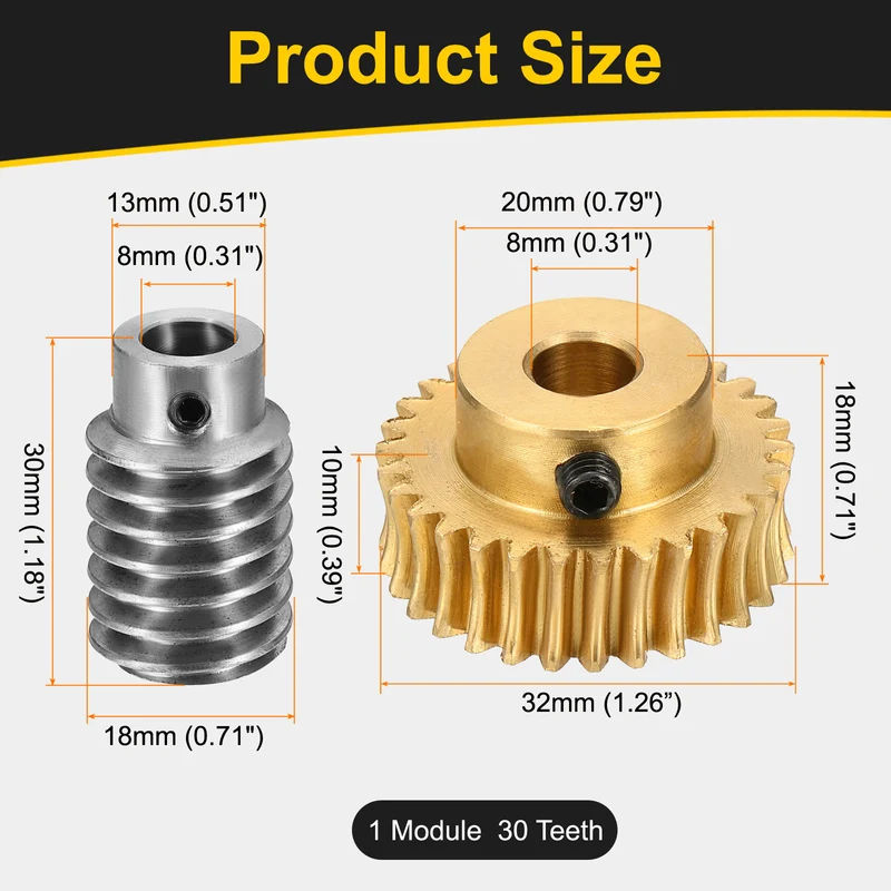 Worm Gear Set 1 Module 30:1 Reduction Rate(Gear-8mm Bore, Rod 8mm Bore)