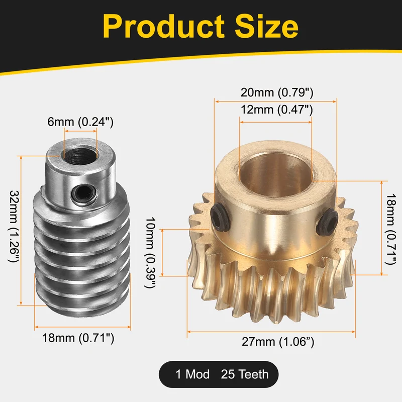 Worm Gear Set 1 Module 25:1 Reduction Rate(Gear-12mm Bore, Rod 6mm Bore)