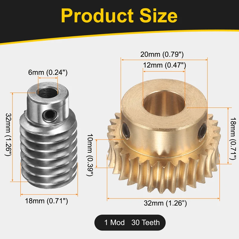 Worm Gear Set 1 Module 30:1 Reduction Rate(Gear-12mm Bore, Rod 6mm Bore)