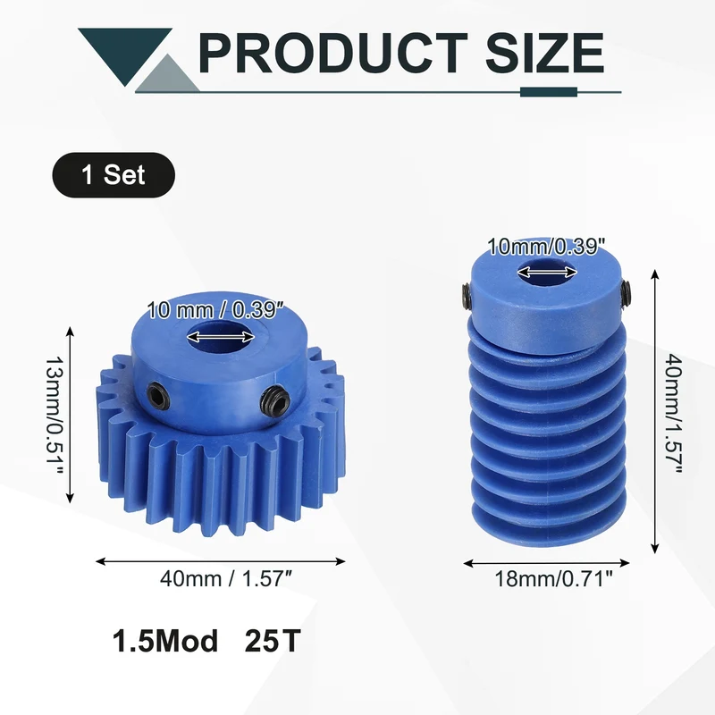 Nylon Worm Gear Set 1.5M 25:1 Reduction Ratio Gear 10mm Bore Rod 10mm Bore