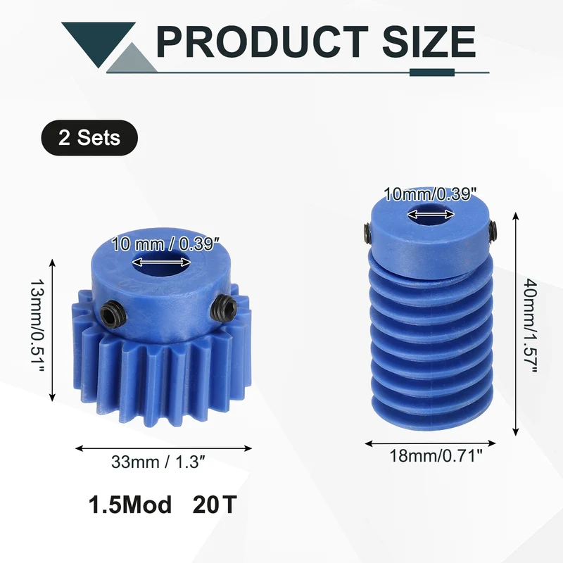 2Set Nylon Worm Gear Set 1.5M 20:1 Reduction Ratio Gear 10mm Bore Rod 10mm Bore