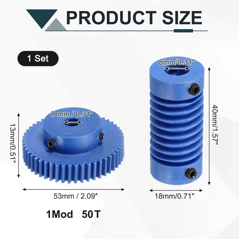 Nylon Worm Gear Set 1M 50:1 Reduction Ratio Gear 8mm Bore Rod 8mm Bore