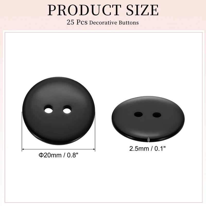 25 Pcs 20mm Resin Sewing Buttons, 2 Hole for Sewing Coats Shirts, Black