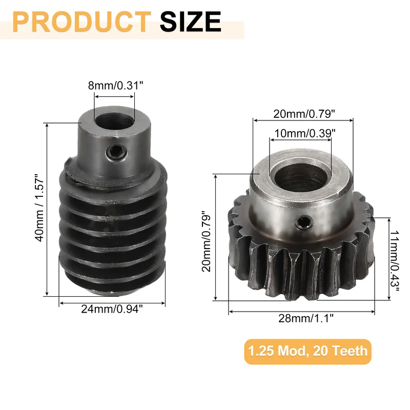 Worm Gear Set 1.25 Module 1:20 Reduction Rate Gear-10mm ID 28mm OD, Rod 8mm Bore