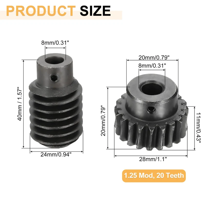 Worm Gear Set 1.25 Module 1:20 Reduction Rate Gear-8mm ID 28mm OD, Rod 8mm Bore