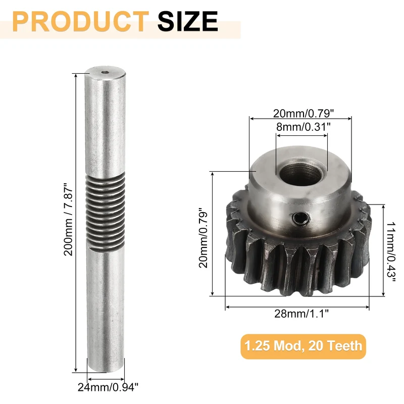 Worm Gear Set 1.25 Module 1:20 Reduction Rate Gear-8mm Bore, Rod 24mm OD