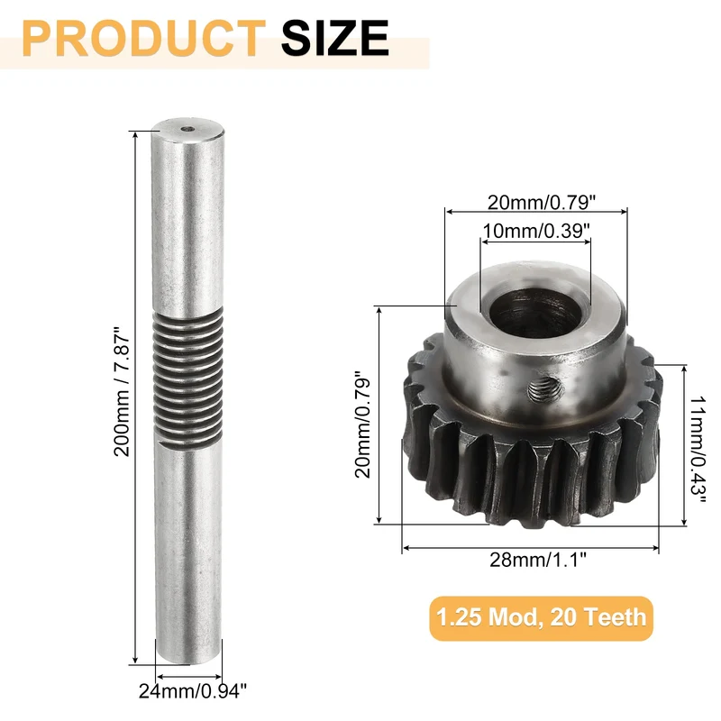 Worm Gear Set 1.25 Module 1:20 Reduction Rate Gear-10mm Bore, Rod 24mm OD