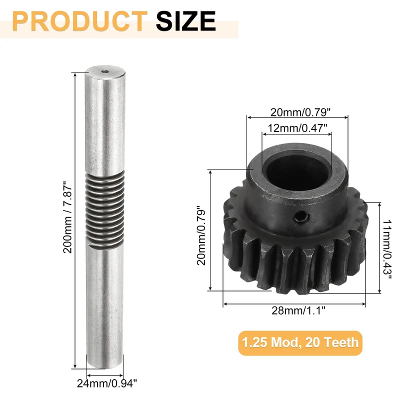 Worm Gear Set 1.25 Module 1:20 Reduction Rate Gear-12mm Bore, Rod 24mm OD