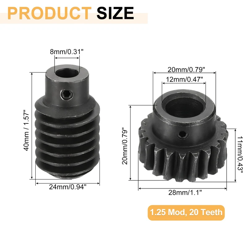 Worm Gear Set 1.25 Module 1:20 Reduction Rate Gear-12mm ID 28mm OD, Rod 8mm Bore