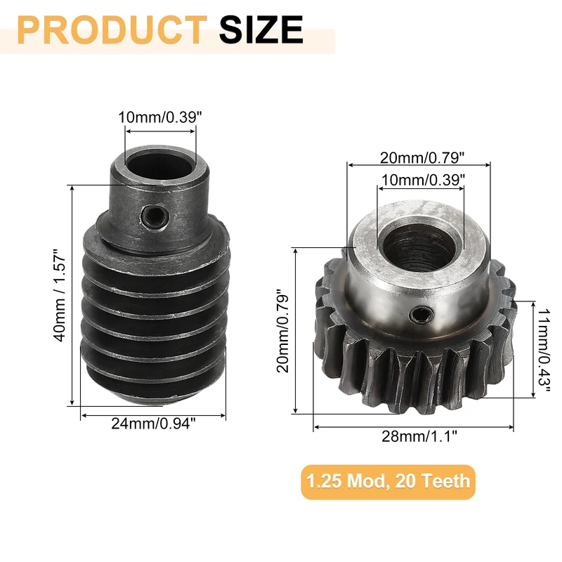 Worm Gear Set 1.25 Module 1:20 Reduction Rate Gear 10mm ID 28mm OD Rod 10mm Bore