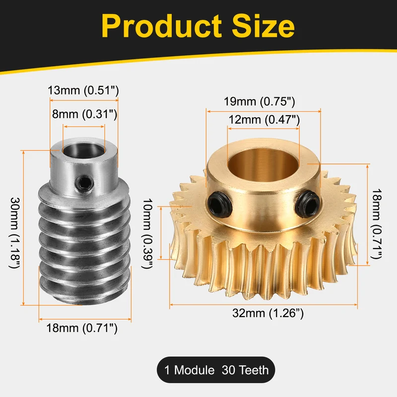 Worm Gear Set 1 Module 30:1 Reduction Rate(Gear-12mm Bore, Rod 8mm Bore)