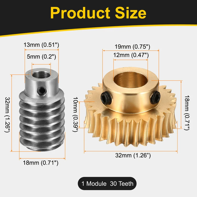 Worm Gear Set 1 Module 30:1 Reduction Rate(Gear-12mm Bore, Rod 5mm Bore)