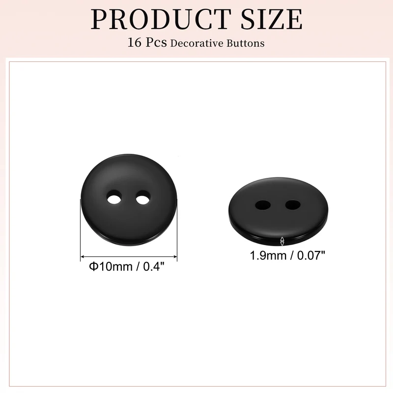 16 Pcs 10mm Resin Sewing Buttons, 2 Hole for Sewing Coats Shirts, Black