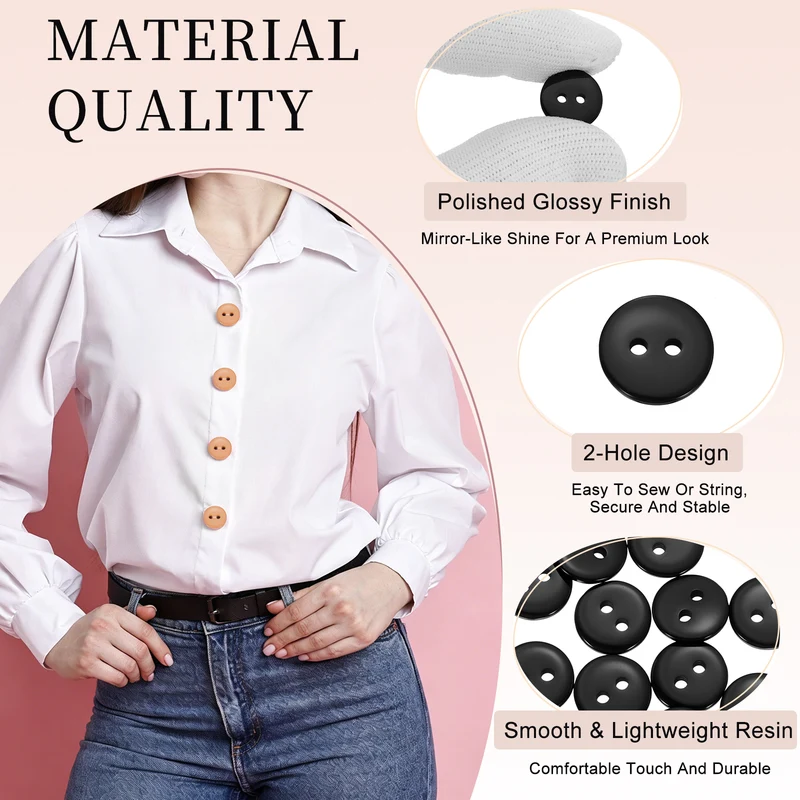16 Pcs 10mm Resin Sewing Buttons, 2 Hole for Sewing Coats Shirts, Black