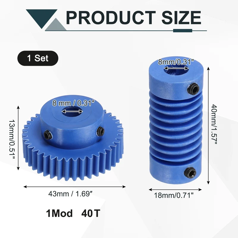 Nylon Worm Gear Set 1M 40:1 Reduction Ratio Gear 8mm Bore Rod 8mm Bore