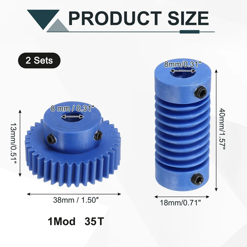 2Set Nylon Worm Gear Set 1M 35:1 Reduction Ratio Gear 8mm Bore Rod 8mm Bore